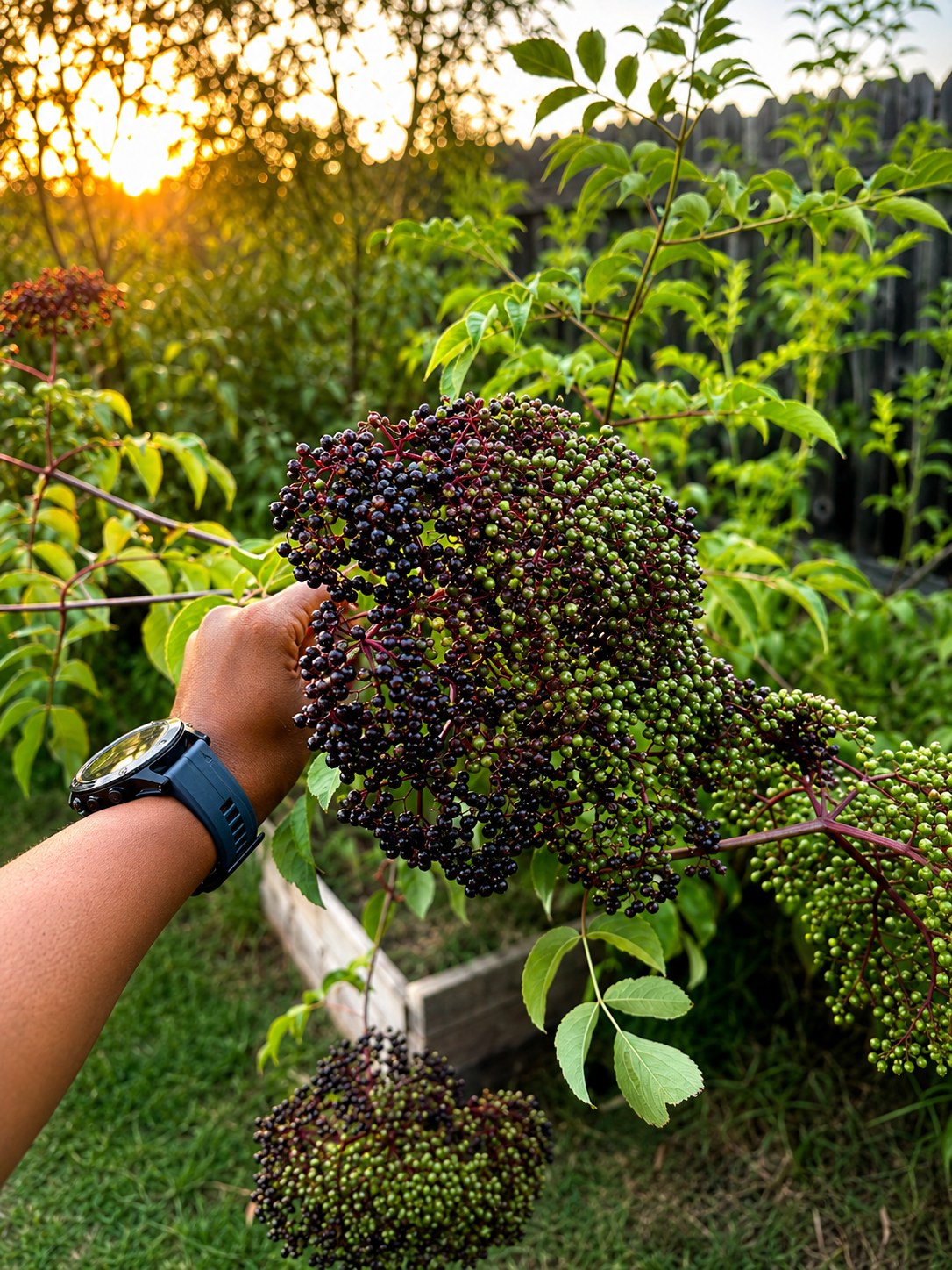 A hand holding a large elderberry cluster ripening from green to deep purple, freshly harvested