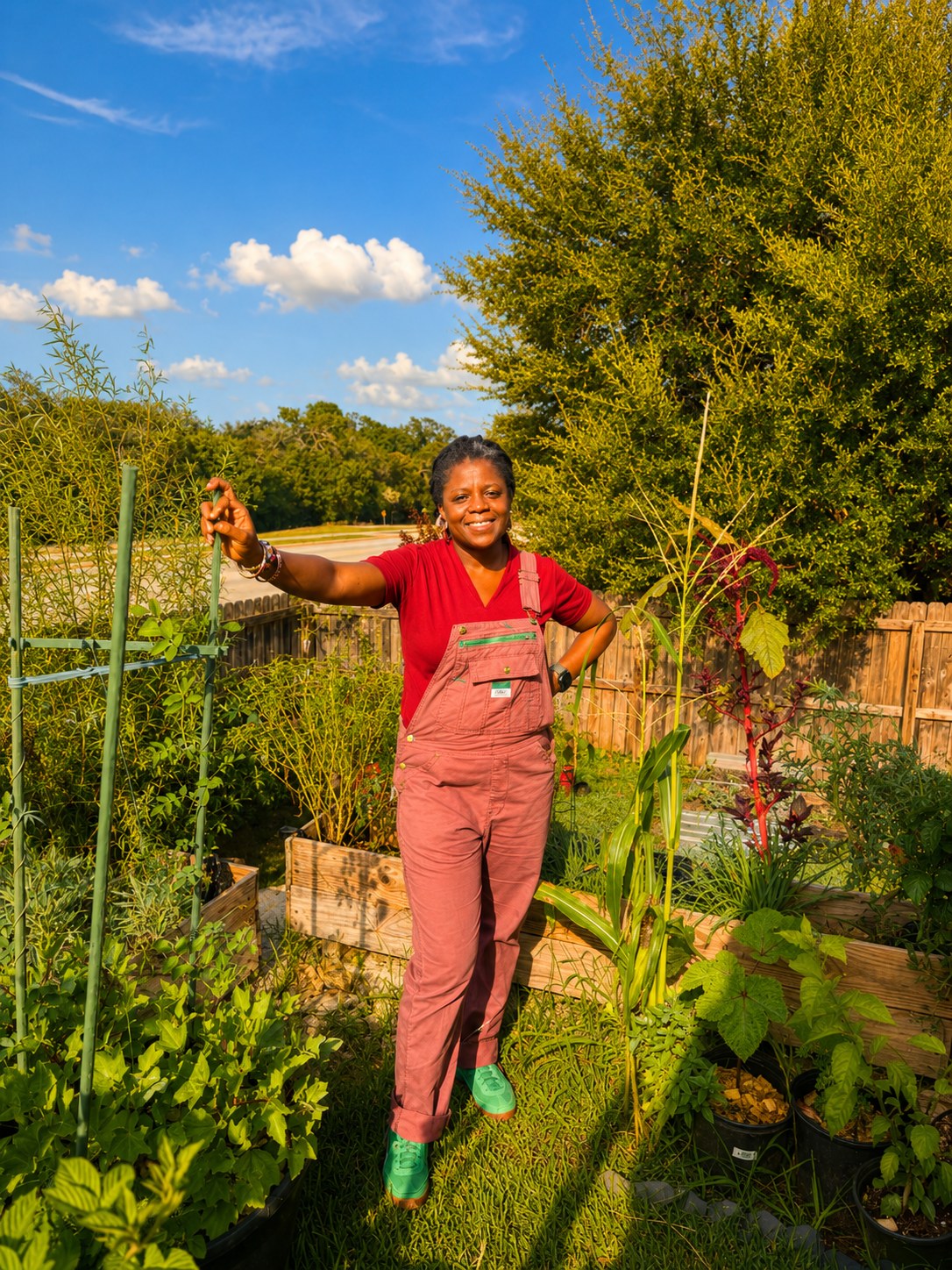 Veravyn's founder standing among raised garden beds of corn, amaranth, and herbs